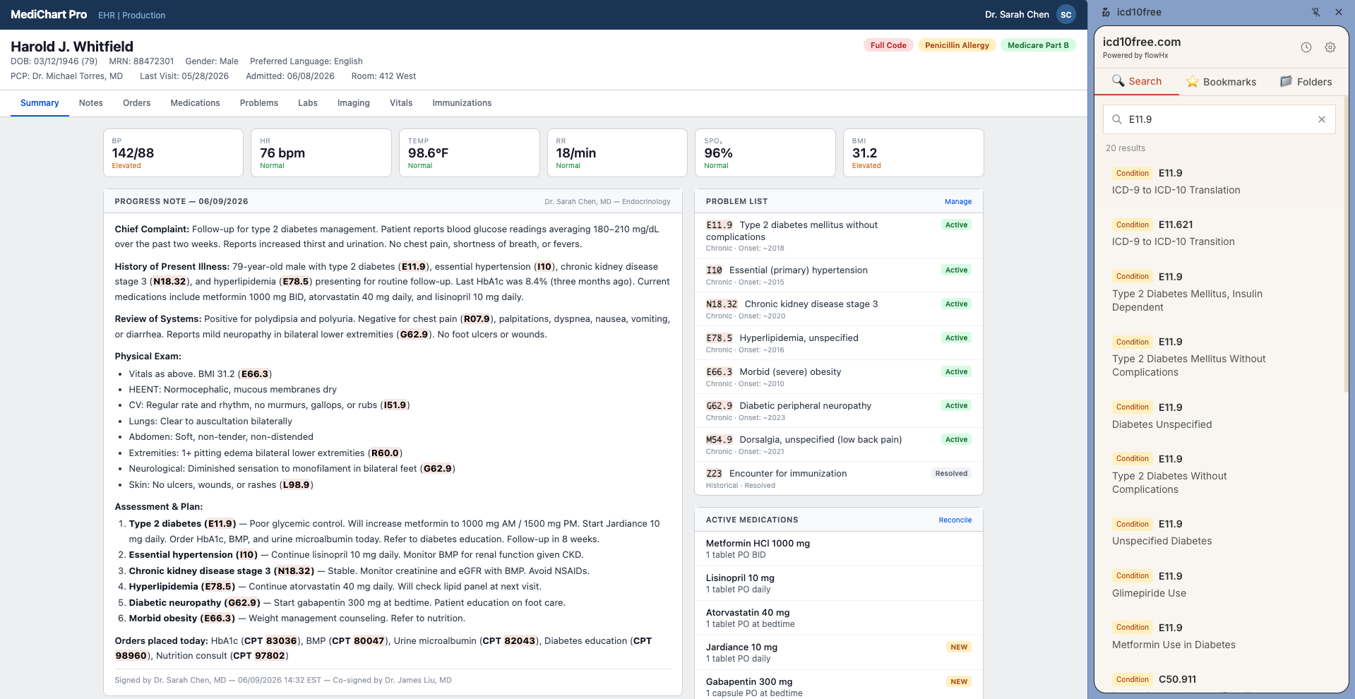 icd10free Chrome extension side panel open alongside an EHR patient record