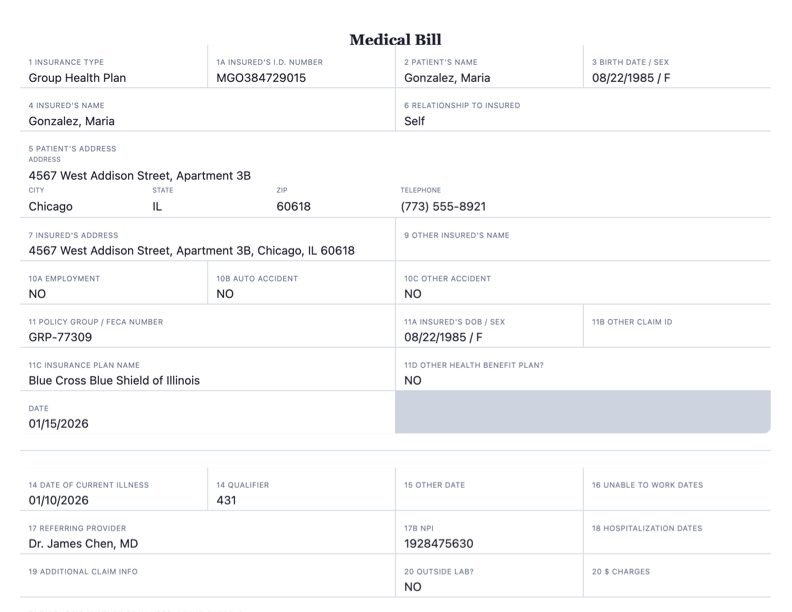 Medical Bill Generator output showing a CMS-1500 claim form with extracted ICD-10 and CPT codes from clinical notes